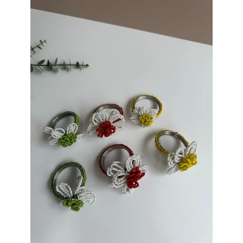 PIER 1 Beaded Daisy Napkin Rings Set of 6 | Floral Spring Summer Table Decor